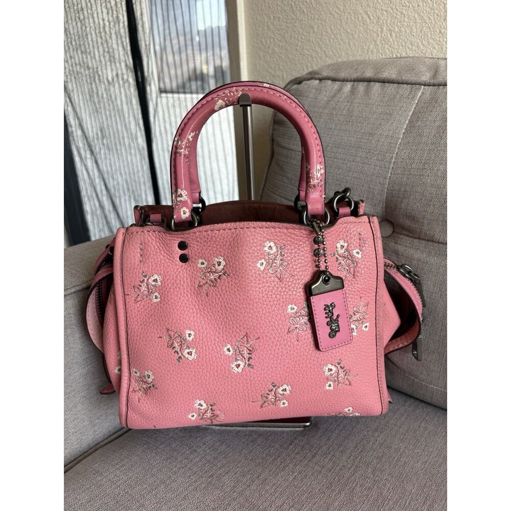 Coach Rogue 25 Pink Floral Bow Print Leather Satchel Shoulder Bag Handbag Purse